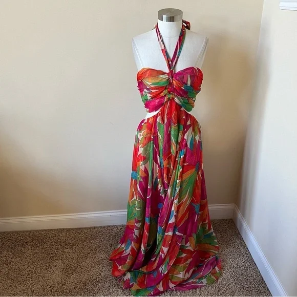 Ronny Kobo Floral Patterned Halter maxi Dress gown Pink Green 26129